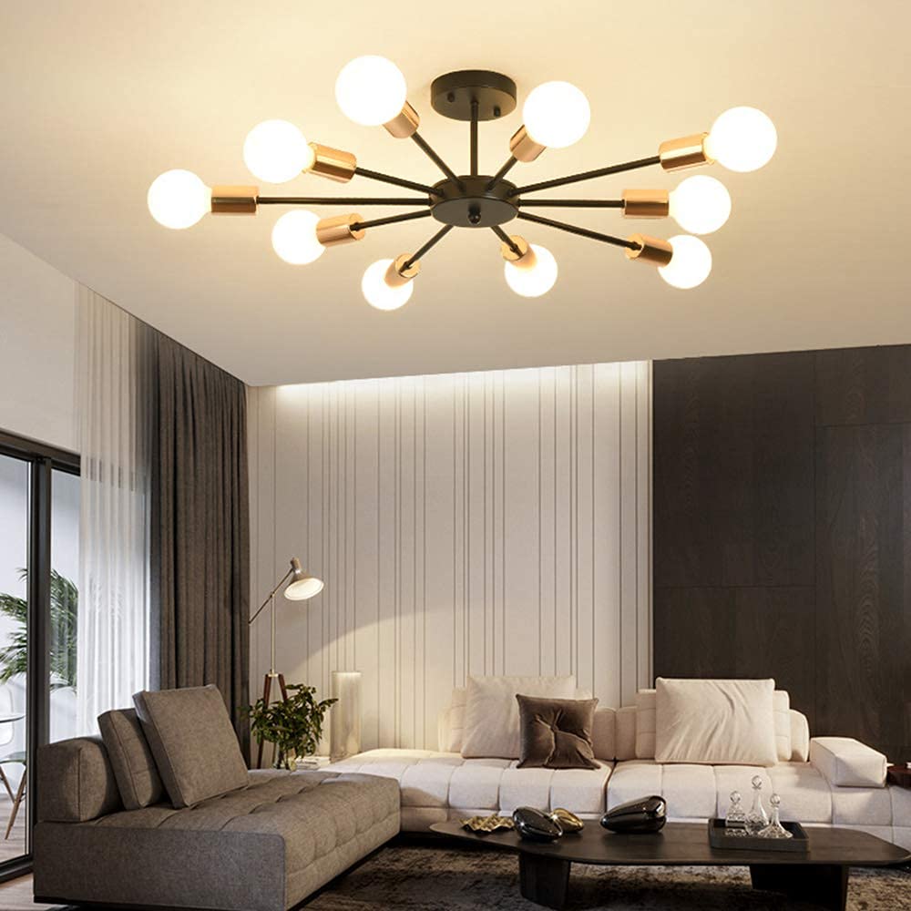 Vintage Industrial Semi-Flush Mount Ceiling Light - Mid Century Modern Black & Gold 10-Light Sputnik Chandelier for Farmhouse, Dining Room & Bedroom Lighting