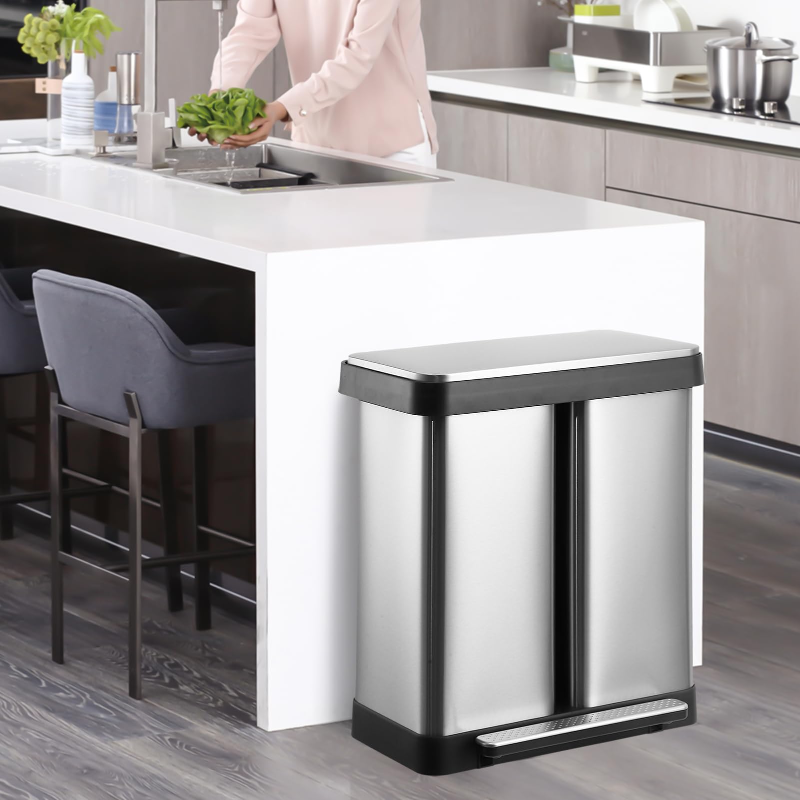 GARVEE 19 Gallon Stainless Steel Step Trash Can with Foot Pedal - Hands Free Kitchen Garbage Bin, Dual Compartment Recycling Waste Bin for Home & Office Use - Ideal for Kitchen, Pantry, and Garage Organization