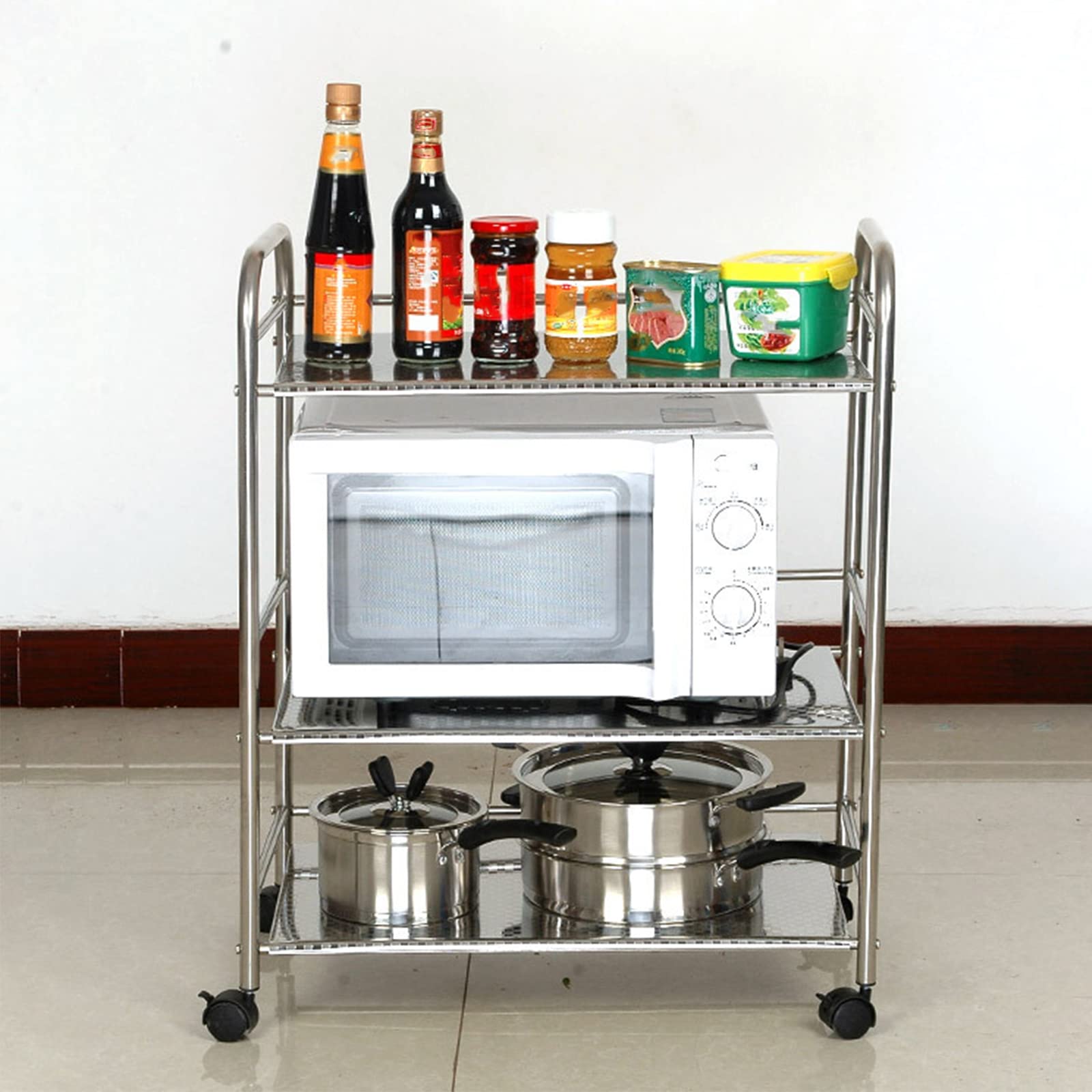 3-Tier Stainless Steel Utility Cart with Wheels & Handle - Rolling Serving Cart for Kitchen, Office, Catering - Food Storage Trolley & Display Shelf for Home, Restaurant, and Commercial Use