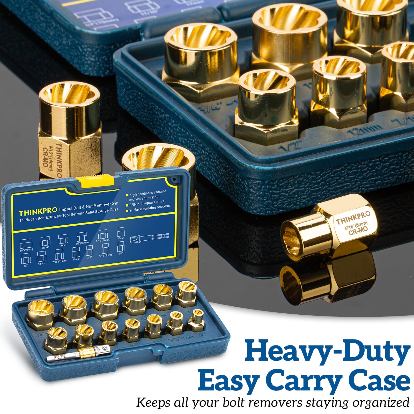 14PC Golden Bolt Extractor Kit - Stripped Nut & Screw Remover for Rusted Bolts - Auto & DIY Repair