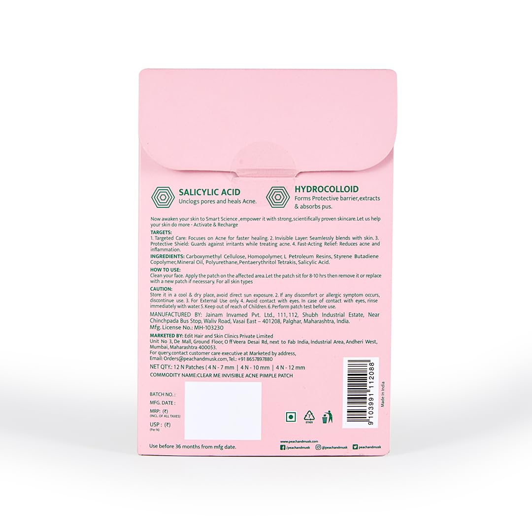Peach and Musk Clear Me Invisible Acne Pimple Patch - Hydrocolloid Acne Treatment with Salicylic Acid for Active Breakouts | Overnight Pimple Absorbing, Oil Control & Waterproof | Dermatologist Tested (12 Patches) - Perfect for Travel, Work & Daily Skincare Routine