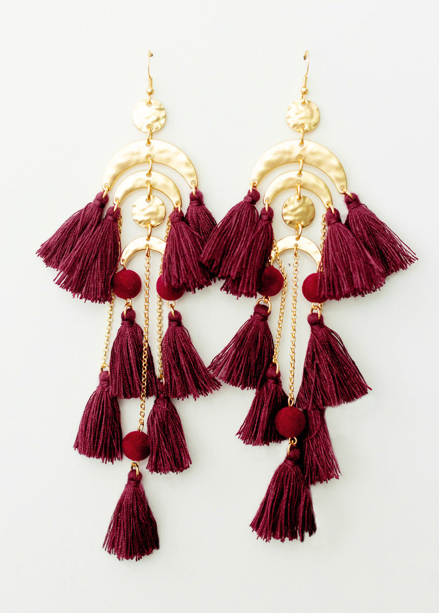 Burgundy Pomla Earrings for Women - Elegant Dangle Drop Earrings for Party, Wedding & Everyday Wear
