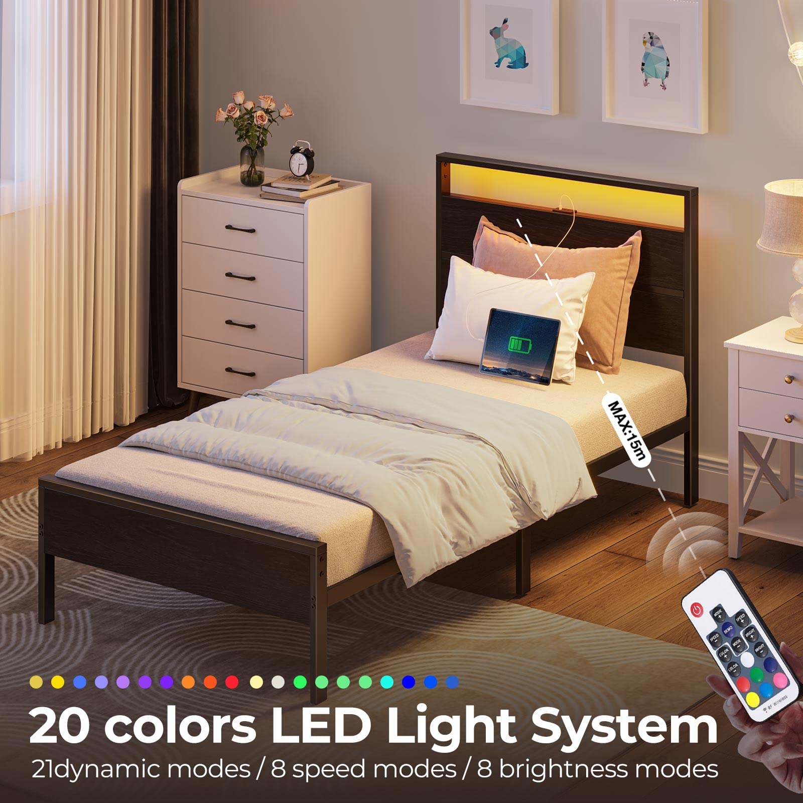 Rolanstar Twin Metal Platform Bed Frame with LED Headboard & USB Charging Station - Sturdy Steel Slats, 10.2