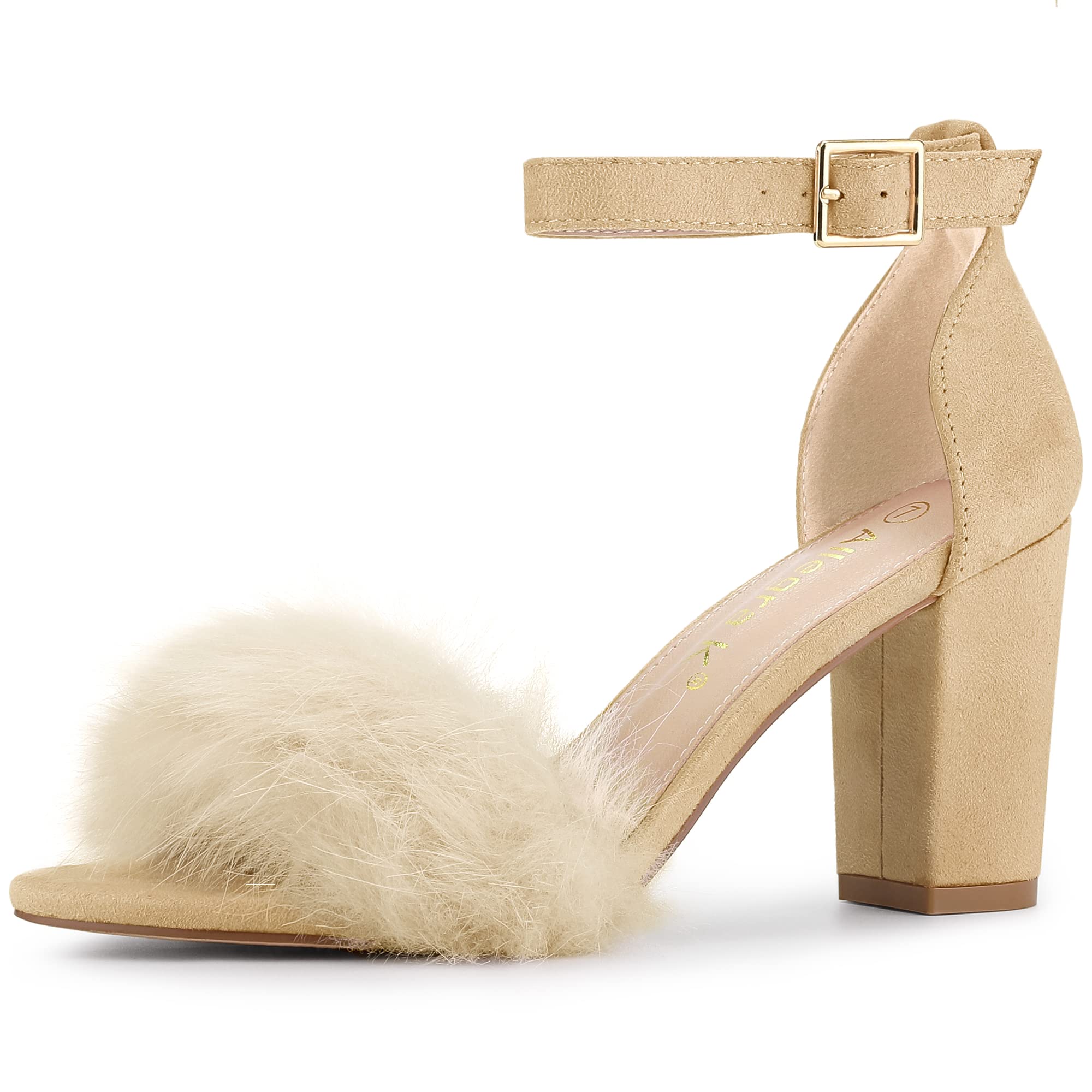 Allegra K Women's Faux Fur Ankle Strap Block Heel Sandals - Comfortable Dress Shoes for Parties, Weddings & Evening Events