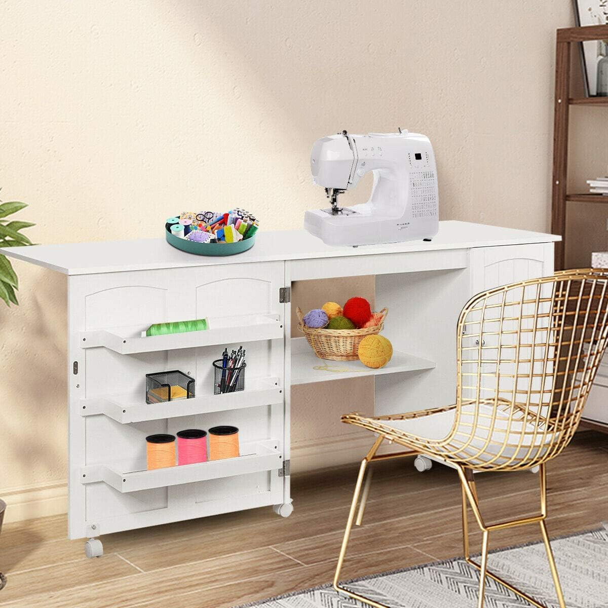 Foldable Sewing Craft Table with 3 Storage Bins & Shelf - Mobile Sewing Cabinet with Locking Wheels, White Space-Saving Workstation for Sewing Machines & Craft Projects - Perfect for Apartments, Small Spaces & Home Studios