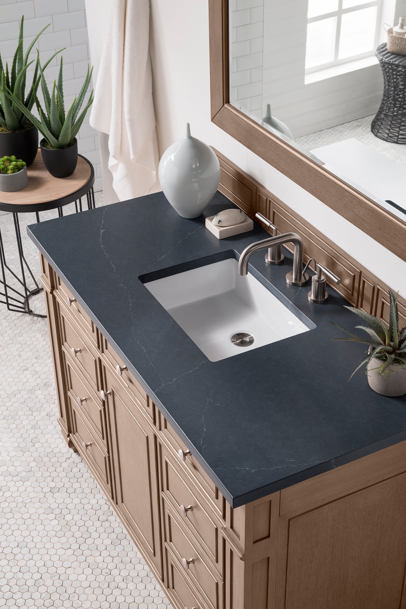 Bristol 48 Inch Single Bathroom Vanity in Whitewashed Walnut with 3CM Charcoal Soapstone Quartz Top - Perfect for Modern Farmhouse & Coastal Style Bathrooms