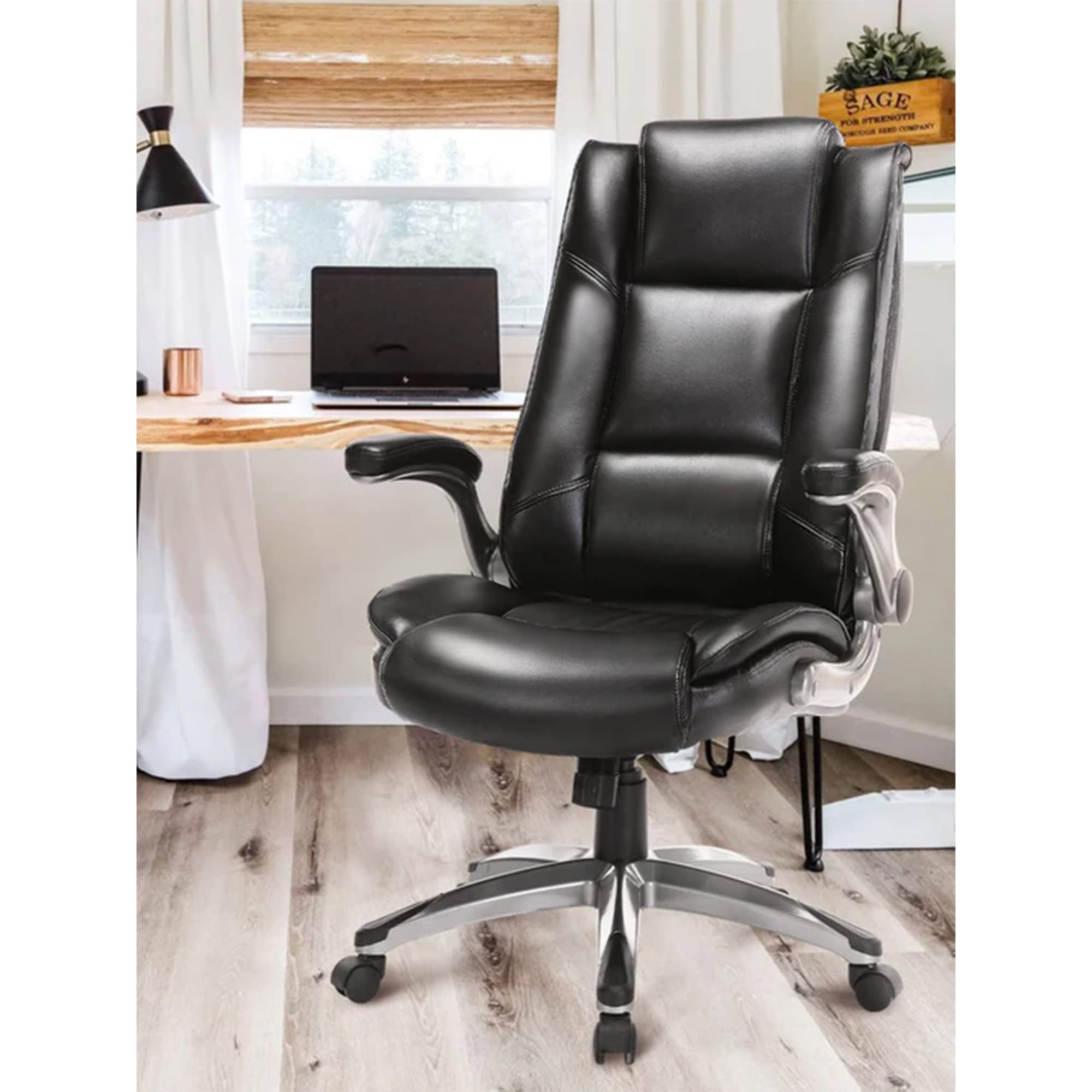COLAMY High Back Leather Office Chair with Flip-Up Arms - Adjustable Swivel Executive Desk Chair with Thick Padding for Comfort & Ergonomic Support - Perfect for Home Office & Workspace (Black)
