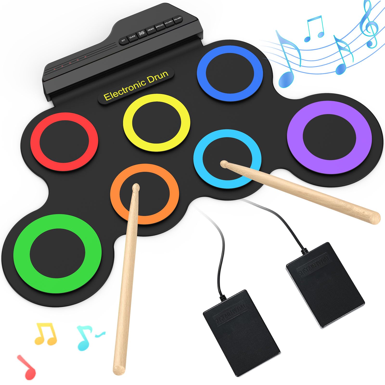 Rocktata® Electronic Drum Set - 7 Pad Roll-Up Drum Kit with Headphone Jack, Pedals & Drumsticks | Portable Practice Pads for Kids & Beginners | Perfect for Home Practice, Music Lessons & Quiet Training (No Built-in Speaker)