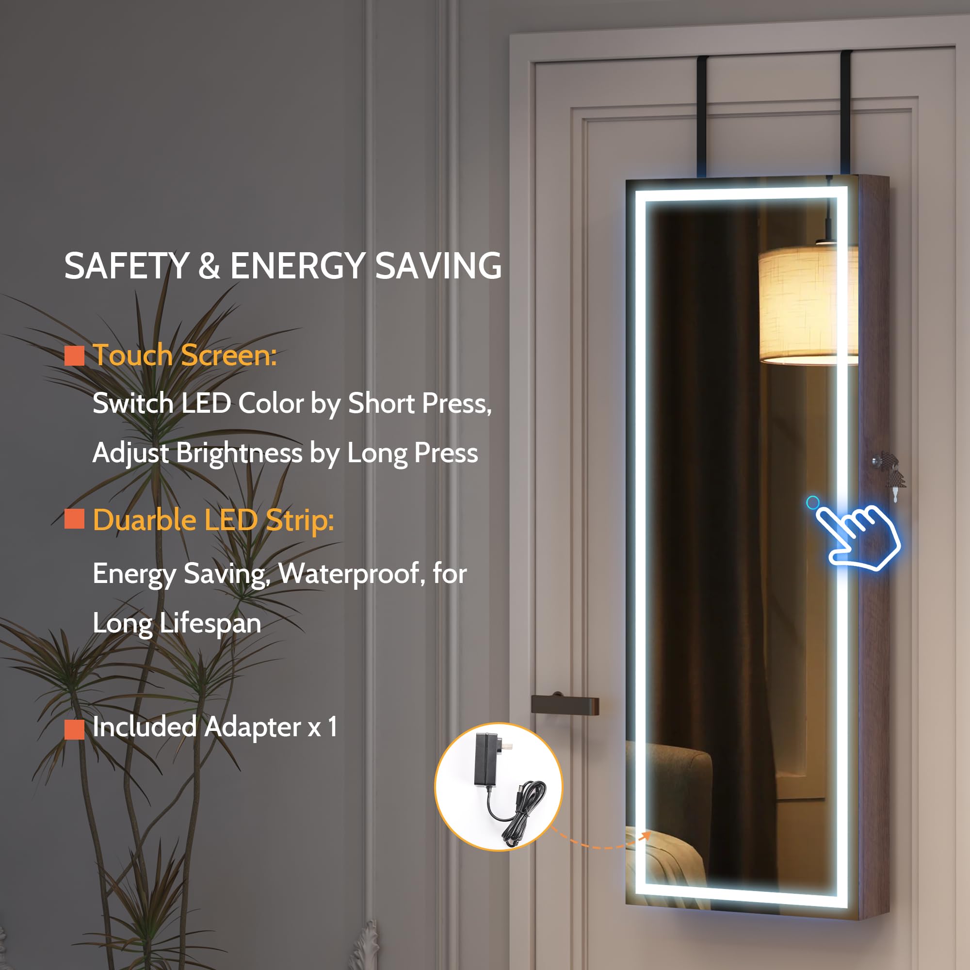LVSOMT LED Jewelry Cabinet Armoire with Full Length Mirror - Wall/Door Mounted Lockable Storage Organizer with Lights, Over the Door Hanging Dressing Mirror (Wood) - Perfect for Bedroom, Closet & Vanity Organization