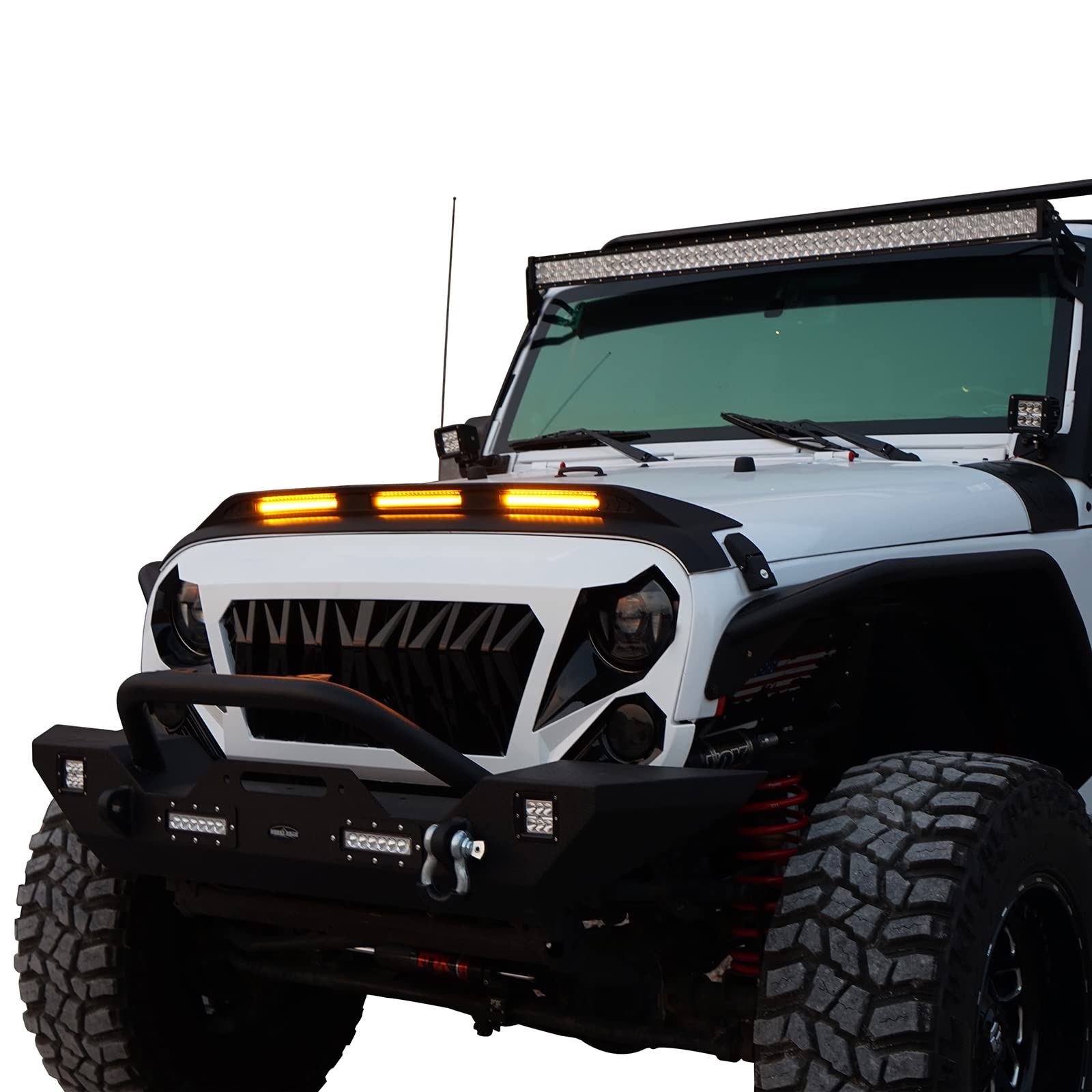 Hooke Road Jeep Wrangler JK Hood Protector (2007-2018) - Bug Deflector & Windshield Guard with Amber LED Lights | Off-Road Protection & Highway Driving Accessory