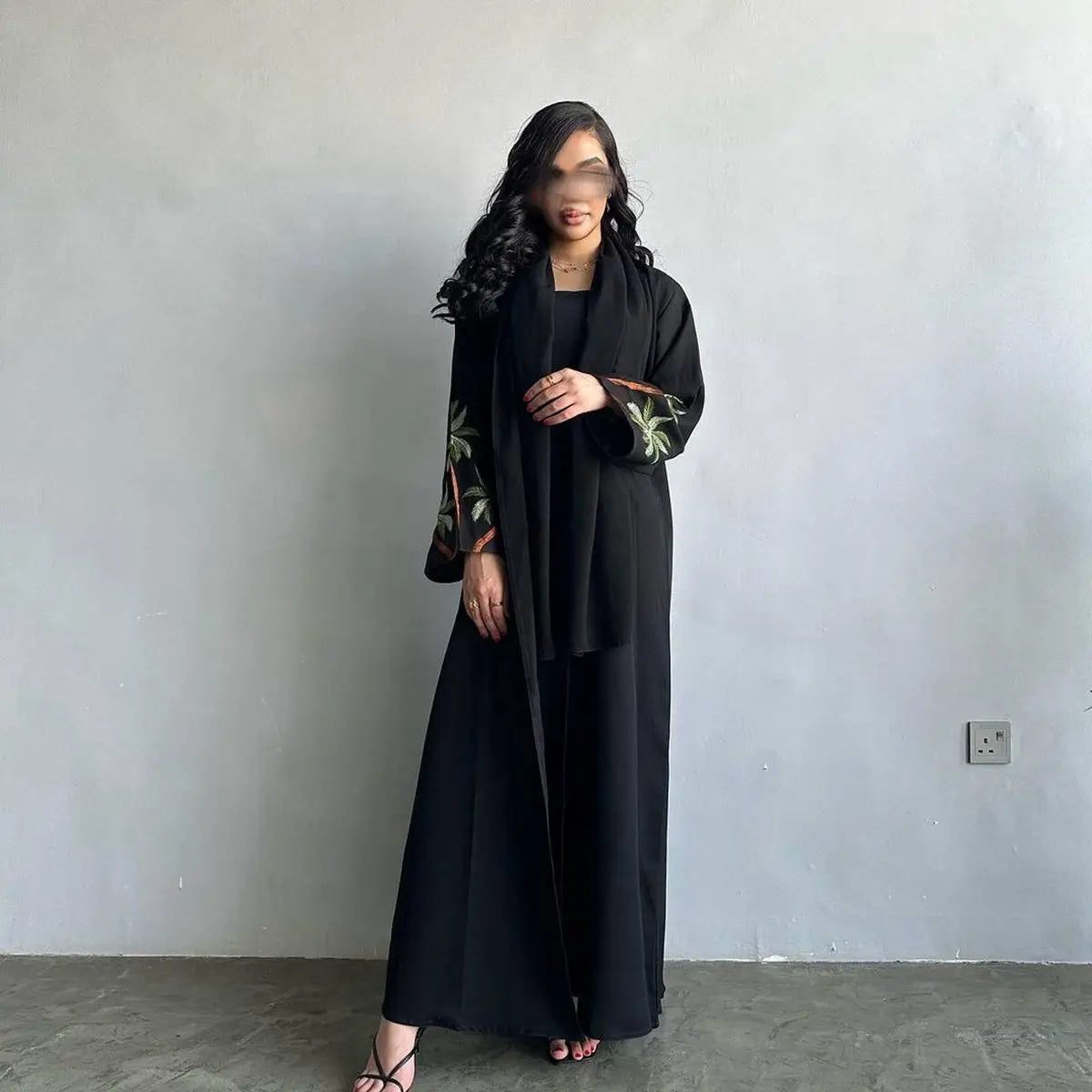 Elegant Muslim Women's Embroidery Nida Cardigan Open Abaya Dress - Modest Islamic Fashion for Prayer, Mosque & Special Occasions