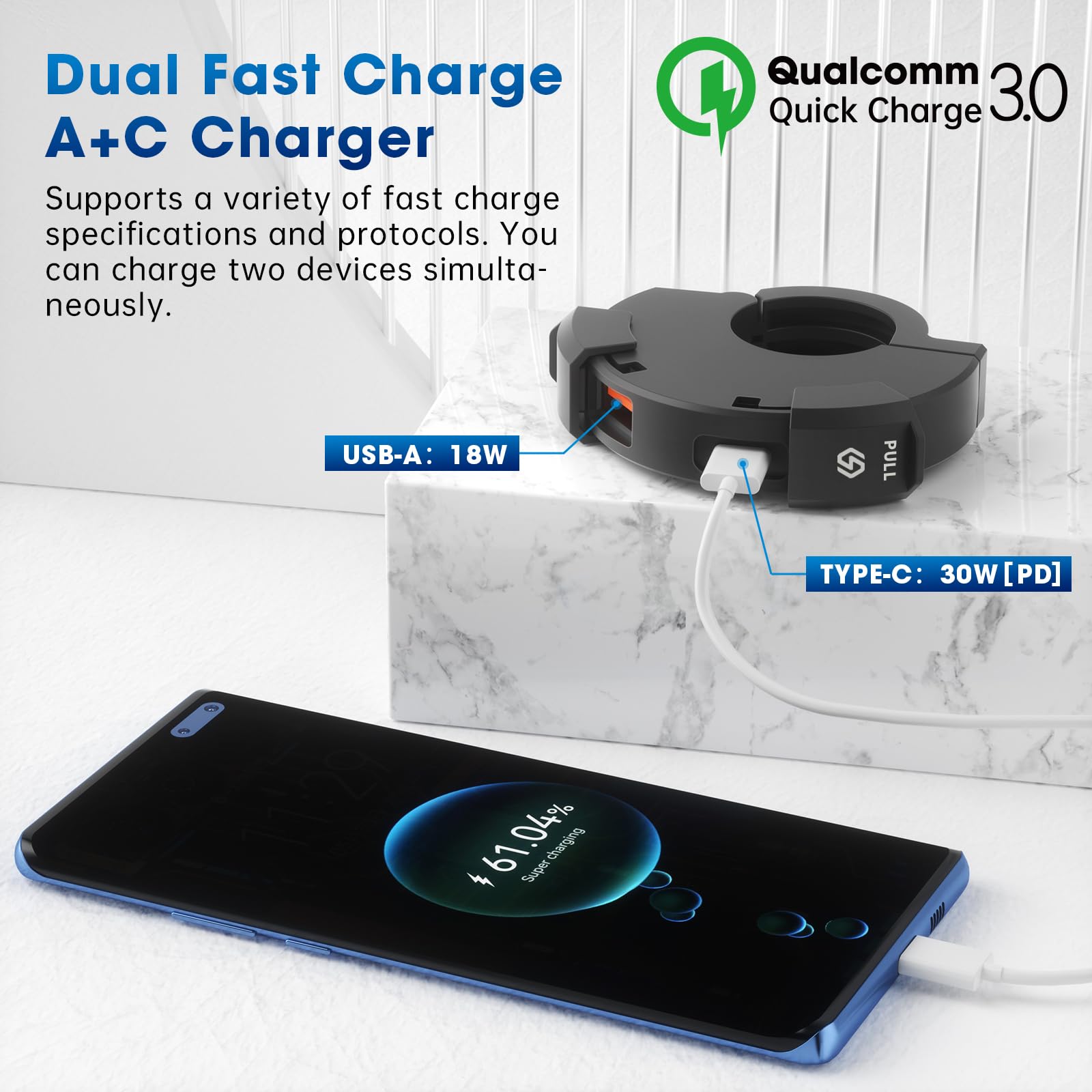 18W Fast Motorcycle Phone Charger with 30W USB-C PD Quick Charge | IP65 Waterproof SAE to USB Adapter | Black | Perfect for Harley, Honda, Yamaha & Adventure Riding