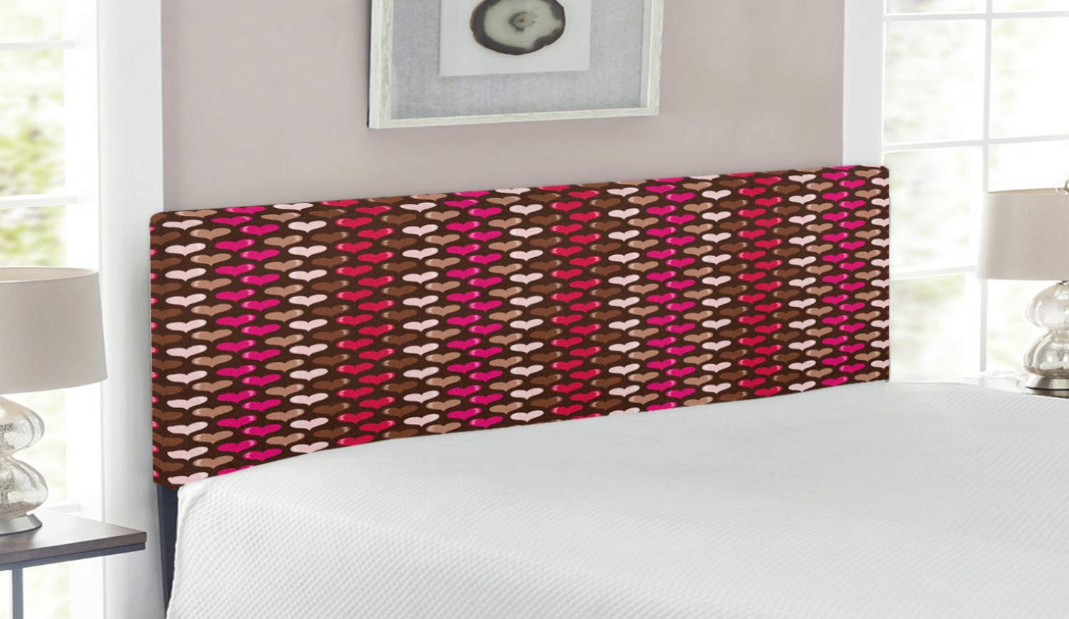 Ambesonne Abstract Upholstered Headboard with Memory Foam - Romantic Heart Design in Brown Fuchsia, Queen Size Bed Frame for Valentine's Day & Girls' Room Decor | Perfect for Master Bedroom, Guest Room & Dormitory