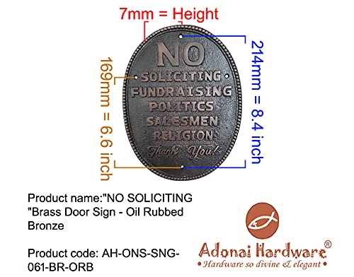 Adonai Hardware Large Oval NO SOLICITING Brass Door Sign - Oil Rubbed Bronze Finish - Perfect for Home, Office & Business Entrance Security