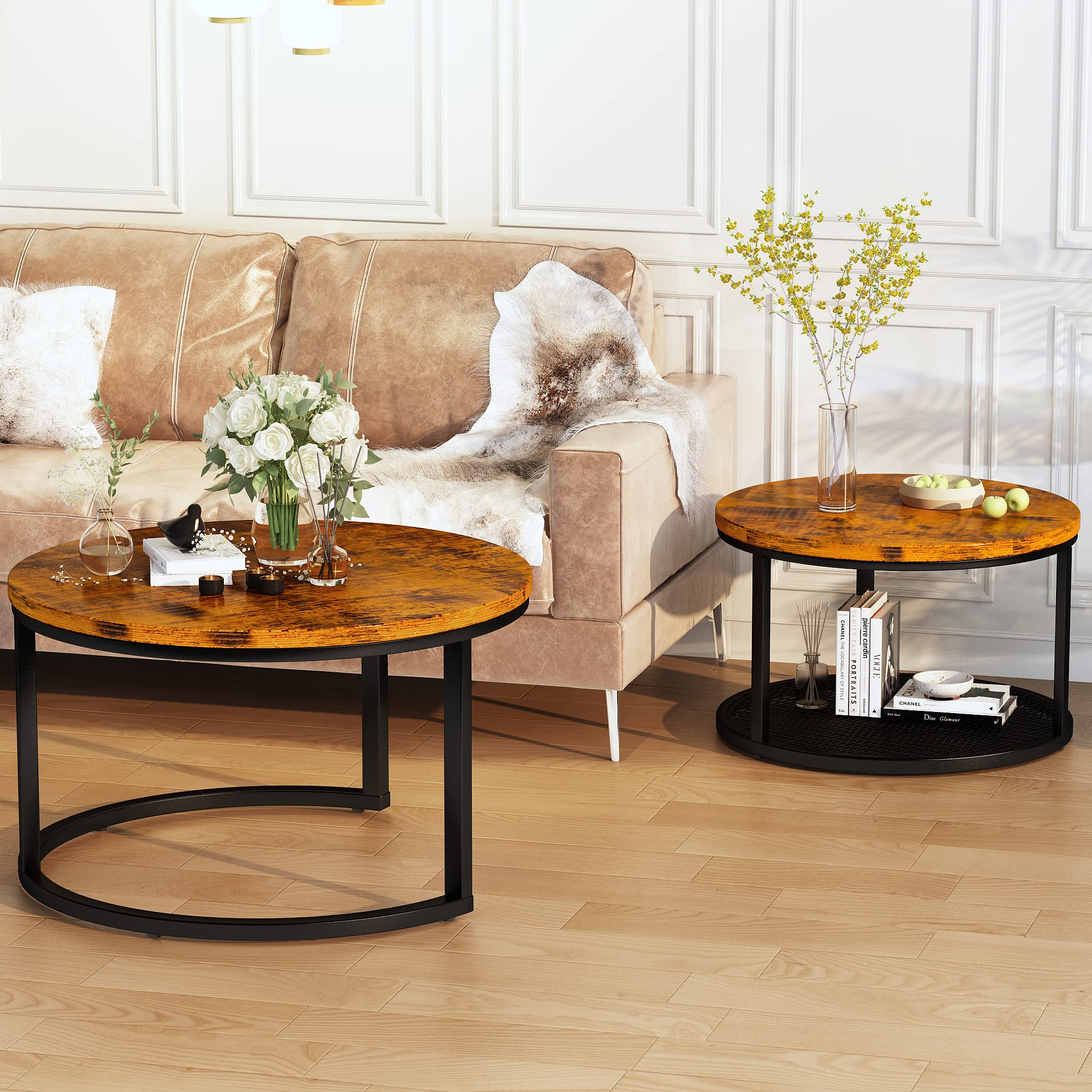 Lamerge 2-Piece Nesting Coffee Table Set - Round Rustic Brown Living Room Tables (29