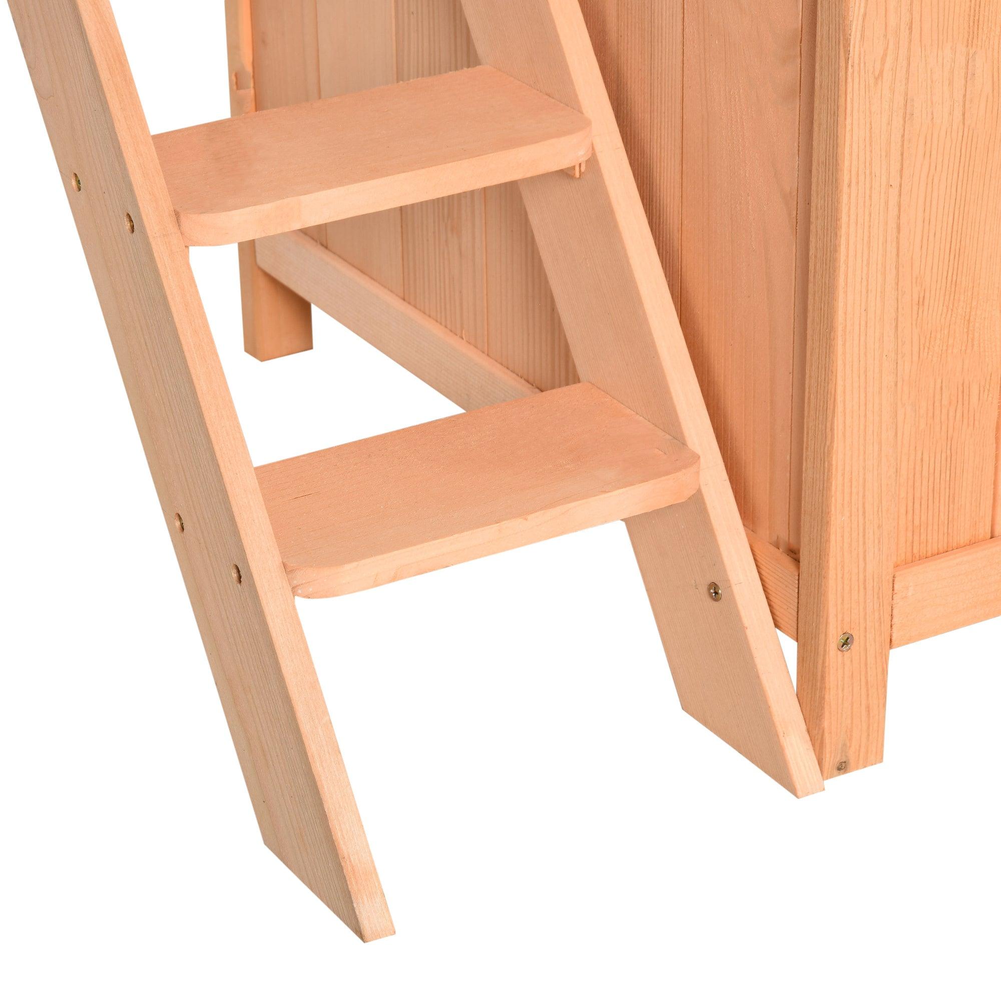 2 Level Wooden Cat House with Lockable Wire Door & Balcony - Outdoor Cat Condo & Dog Shelter, Natural Wood - Perfect for Backyard, Patio, or Indoor Pet Play Area