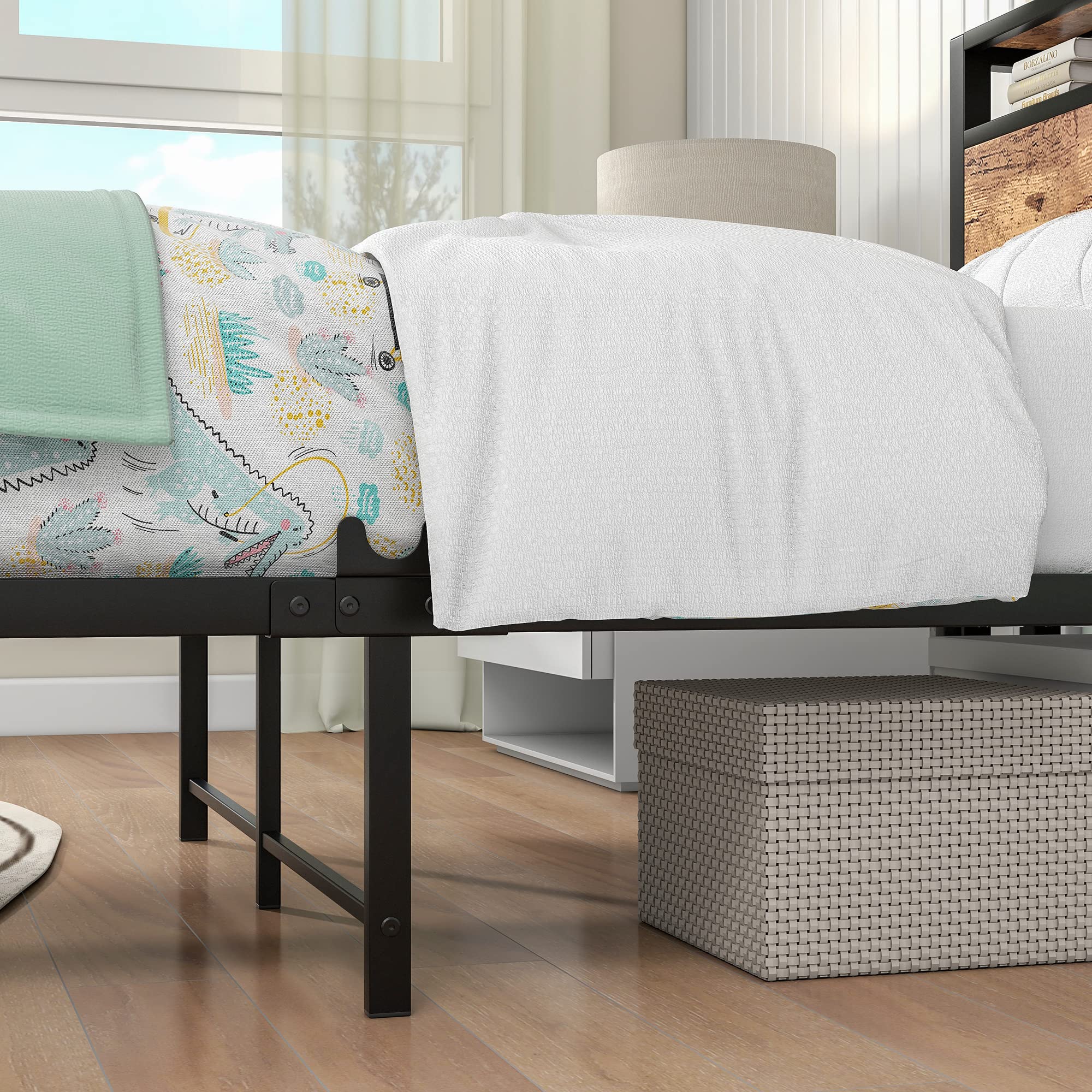 BOFENG Twin Size Metal Bed Frame with Storage Headboard & USB Charging - Heavy Duty Platform Bed with Steel Slats, No Box Spring Needed - Easy Assembly Brown Bed Base for Small Spaces, Dorms & Guest Rooms