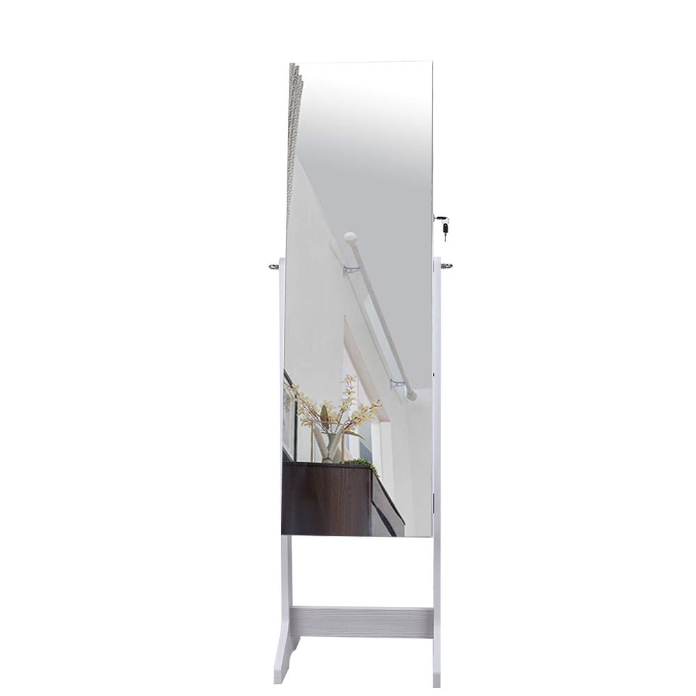 Soges Furniture Lockable Floor Standing Wooden Jewelry Cabinet with Mirror - Armoire Wardrobe Storage Organizer for Bedroom & Closet (White) - Perfect for Jewelry, Watch, and Accessory Organization