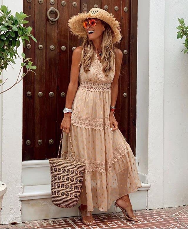 Boho Floral Lace Maxi Sundress for Women - Flowy Swing Sleeveless V-Neck Dress for Beach, Wedding Guest, Bridesmaid & Cocktail Party | Perfect for Summer Vacations, Garden Parties & Romantic Dates