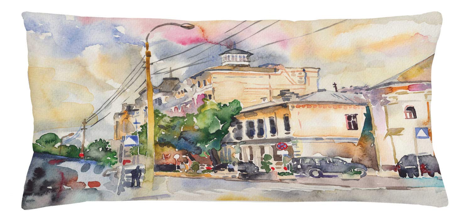 Ambesonne Urban Throw Pillow Cover - Watercolor City Street Design with Buildings & Cars - Soft Decorative Rectangle Cushion Case 36