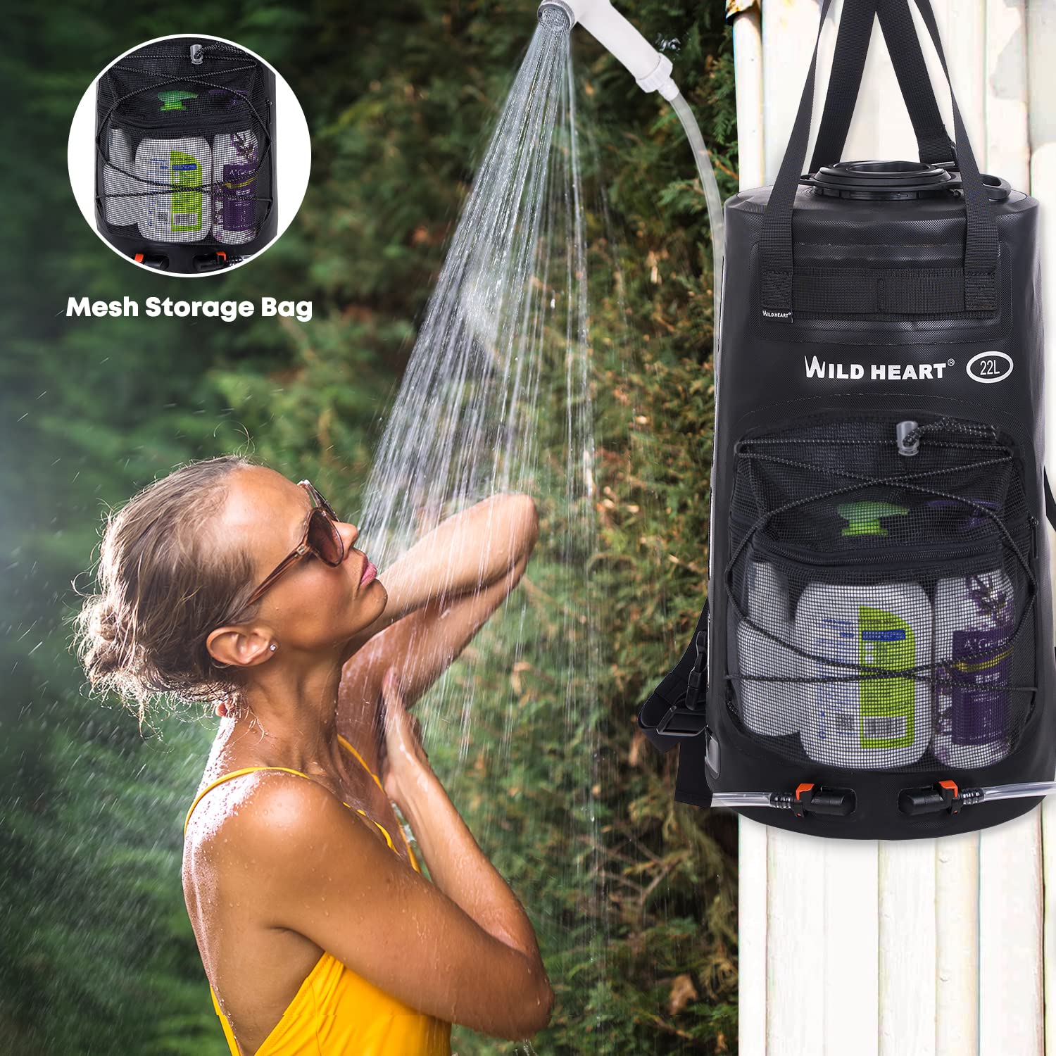 WILD HEART Portable Camping Shower 22L/12L with Pressure Foot Pump & Hose - Solar Shower Bag Backpack for Outdoor Adventures, Hiking, Road Trips & Beach Use