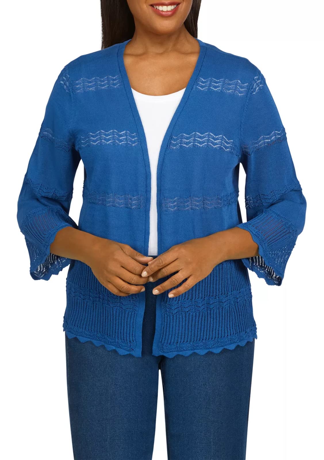 Alfred Dunner Women's Pointelle Knit Cardigan Sweater - Lightweight Open Front Long Sleeve Wrap for Fall & Winter Fashion | Perfect for Office, Casual Outings and Layering