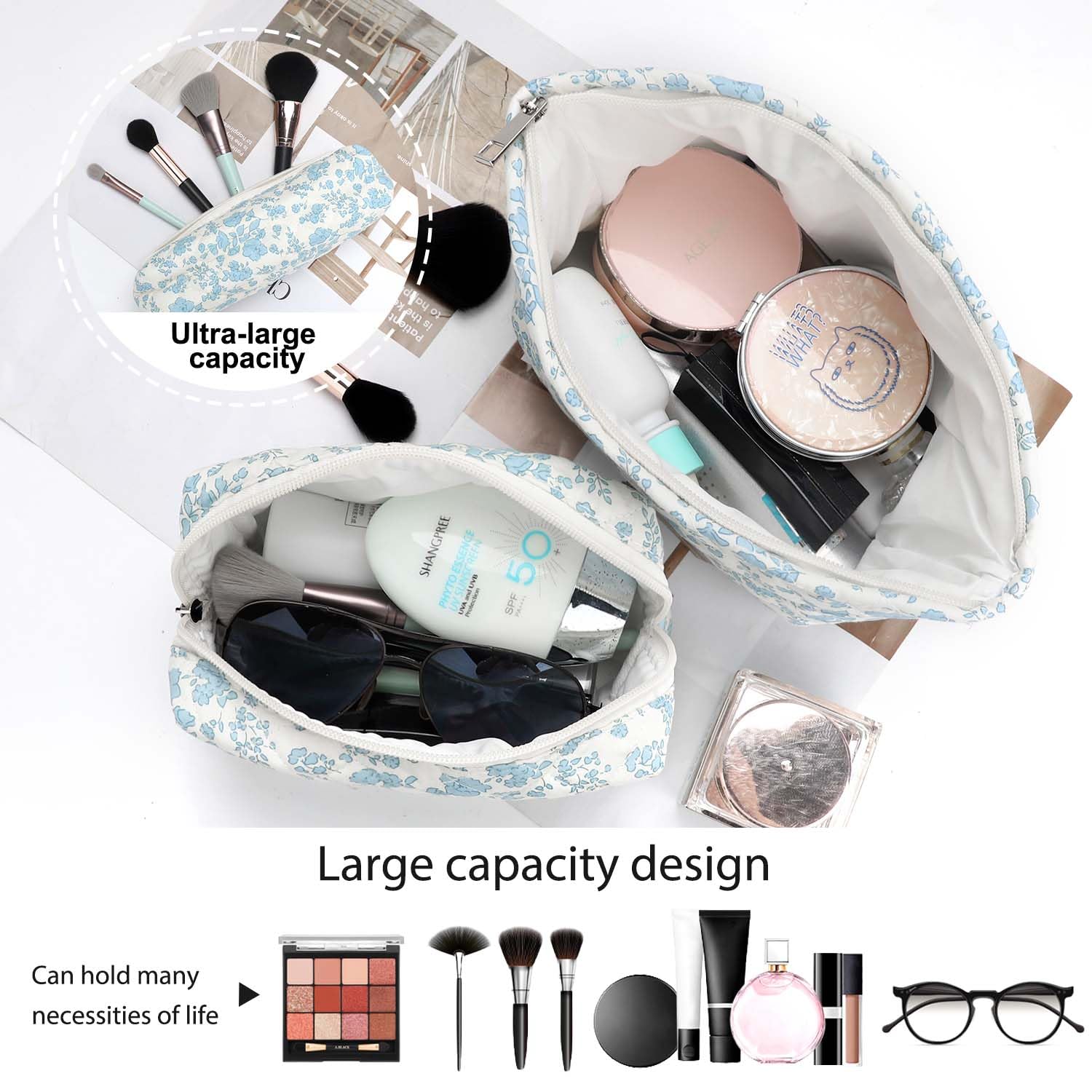 EIMMBD 3-Piece Large Waterproof Makeup Bag Set for Women | Travel Cosmetic Organizer Pouch (Blue & White) | Perfect for Travel, Gym, Daily Storage & Beauty Essentials | Great for Vacation Packing, Toiletry Storage, Makeup Artist Kits & On-the-Go Organization | Compact & Spacious Design for Cosmetics, Skincare & Personal Care Items