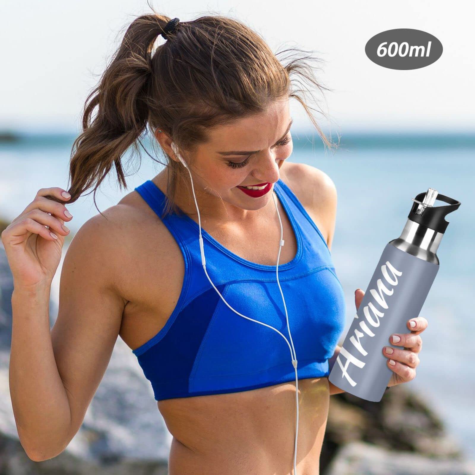 Custom 20oz Insulated Sports Water Bottle with Straw Lid - Personalized Blue Grey Vacuum Flask for Men, Women & Kids - Perfect for Gym, Hiking, School & Office Hydration