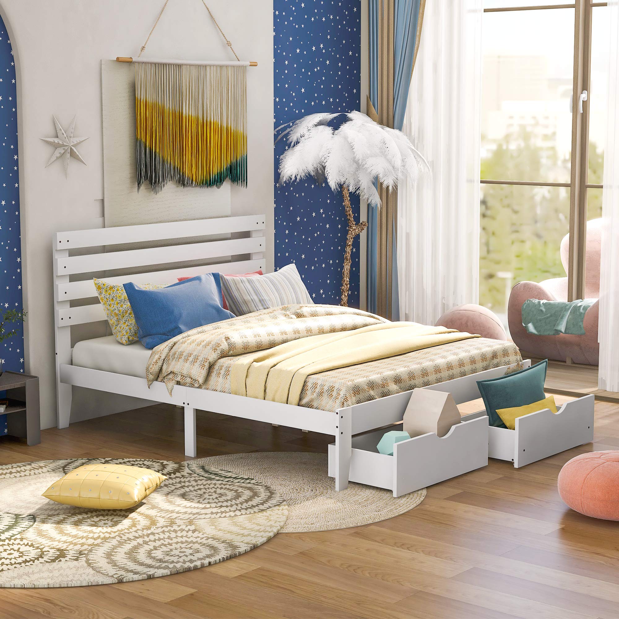 Merax Queen Size Wood Platform Bed Frame with Headboard & Under Bed Storage Drawers on Wheels - No Box Spring Needed, Includes Slats Set - Perfect for Small Bedrooms, Guest Rooms & Space-Saving Home Decor