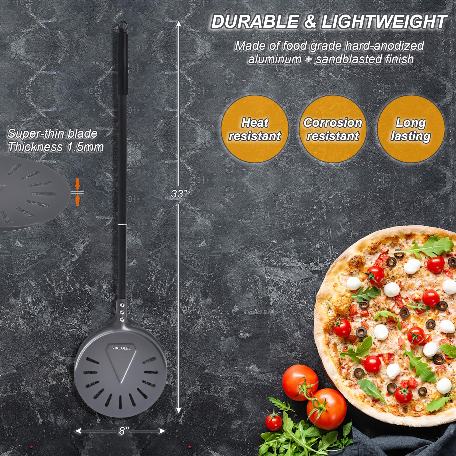 8 Inch Round Turning Pizza Peel with 25 Inch Handle - Professional Anodized Aluminum Pizza Spatula (33 Inch Overall) - Perfect for Home Kitchens, Pizzerias & Outdoor Pizza Ovens