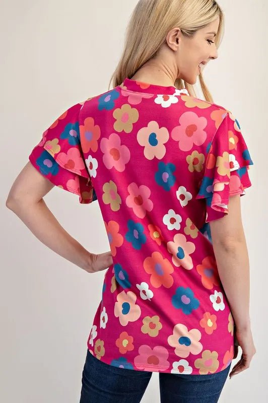 Celeste Bold Floral Print Ruffle Sleeve Blouse - Women's Casual Chic Tops for Spring Summer Outfits, Date Night & Office Wear