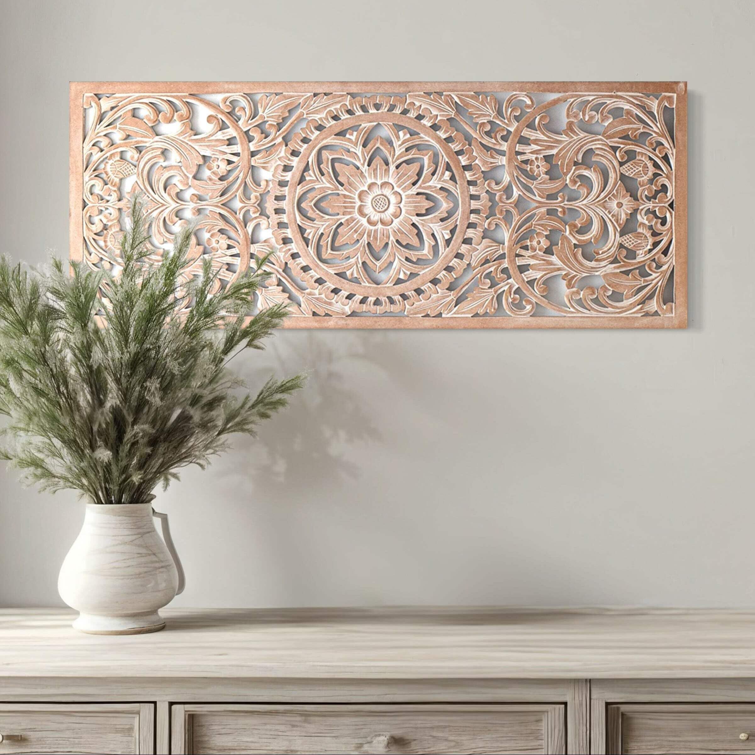 Boho Wall Art - Spiritual Mandala Wood Wall Hanging Decor | Large Hand-Carved Wood Panels for Living Room & Bedroom | Vertical Farmhouse Wall Accents | Perfect for Home, Office & Meditation Space (Amara)