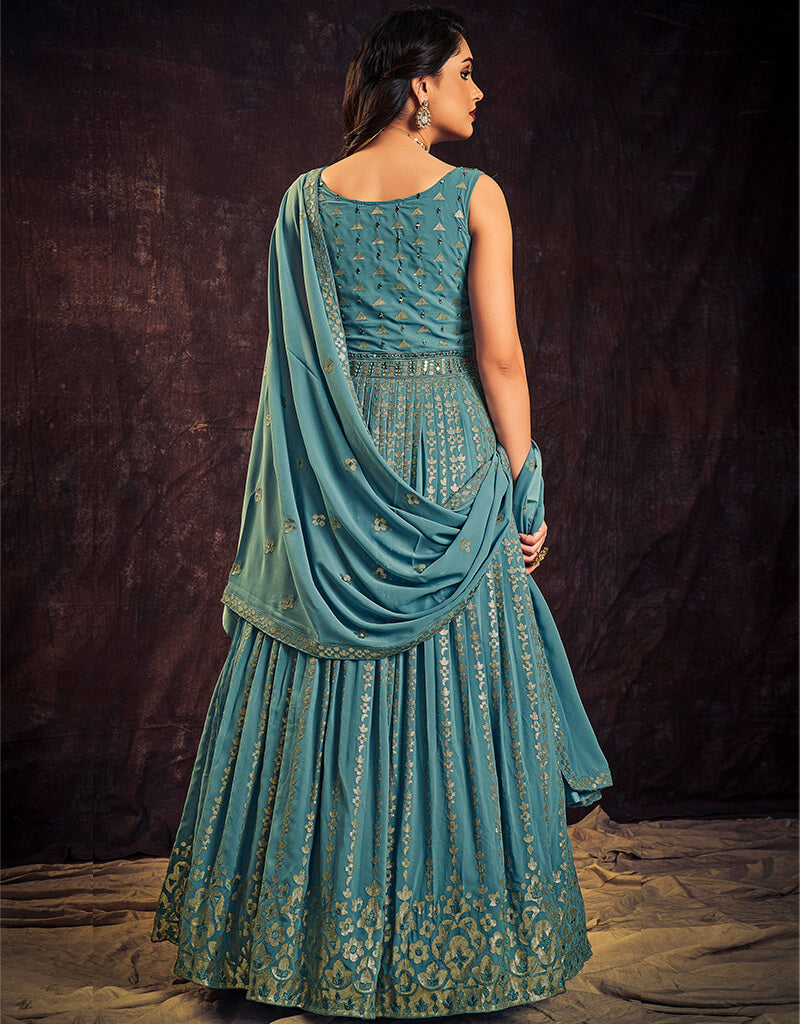 Elegant Blue Georgette Anarkali Dress for Women - Party Wear, Wedding Guest Outfit, Festive Occasions