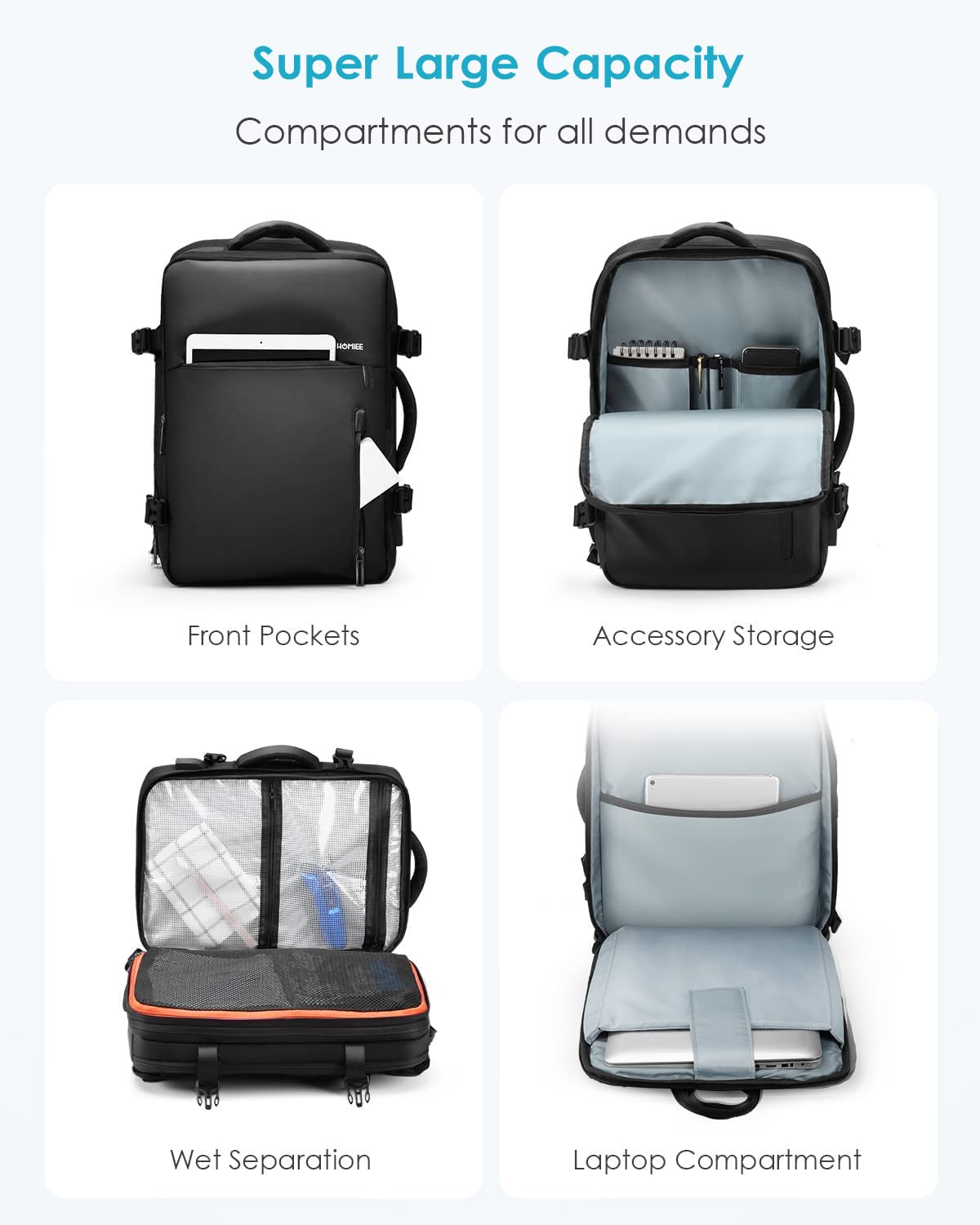 HOMIEE 40L Expandable Waterproof Laptop Backpack for Business Travel - Flight Approved Carry-On Backpack Fits 15.6 Inch Laptop, Large Capacity Anti-Theft Travel Backpack (Black) - Perfect for Business Trips, Commuting & Airplane Travel
