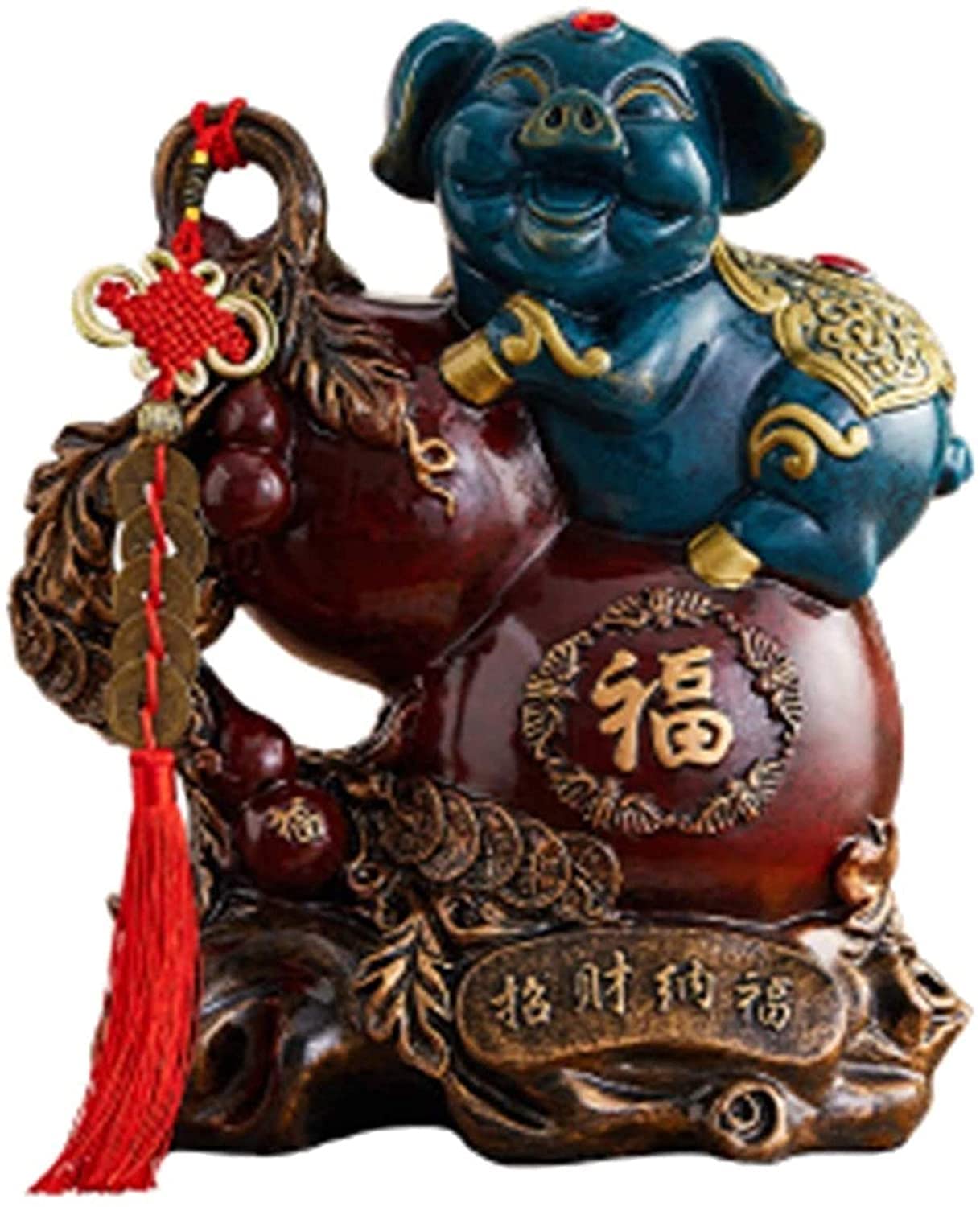 Feng Shui Resin Piggy Bank with Coins & Gourd - Money Saving Box for Wealth & Luck, Home Office Tabletop Decor, Perfect for Desk Organizer & Gift Giving (Color B)