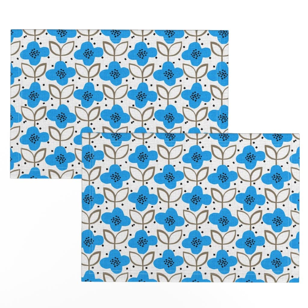 Premium Linen Cotton Canvas Placemats Set of 2 - Blue Floral Spring Design 60S Fabric Table Mats for Dining, Kitchen Decor & Party Settings
