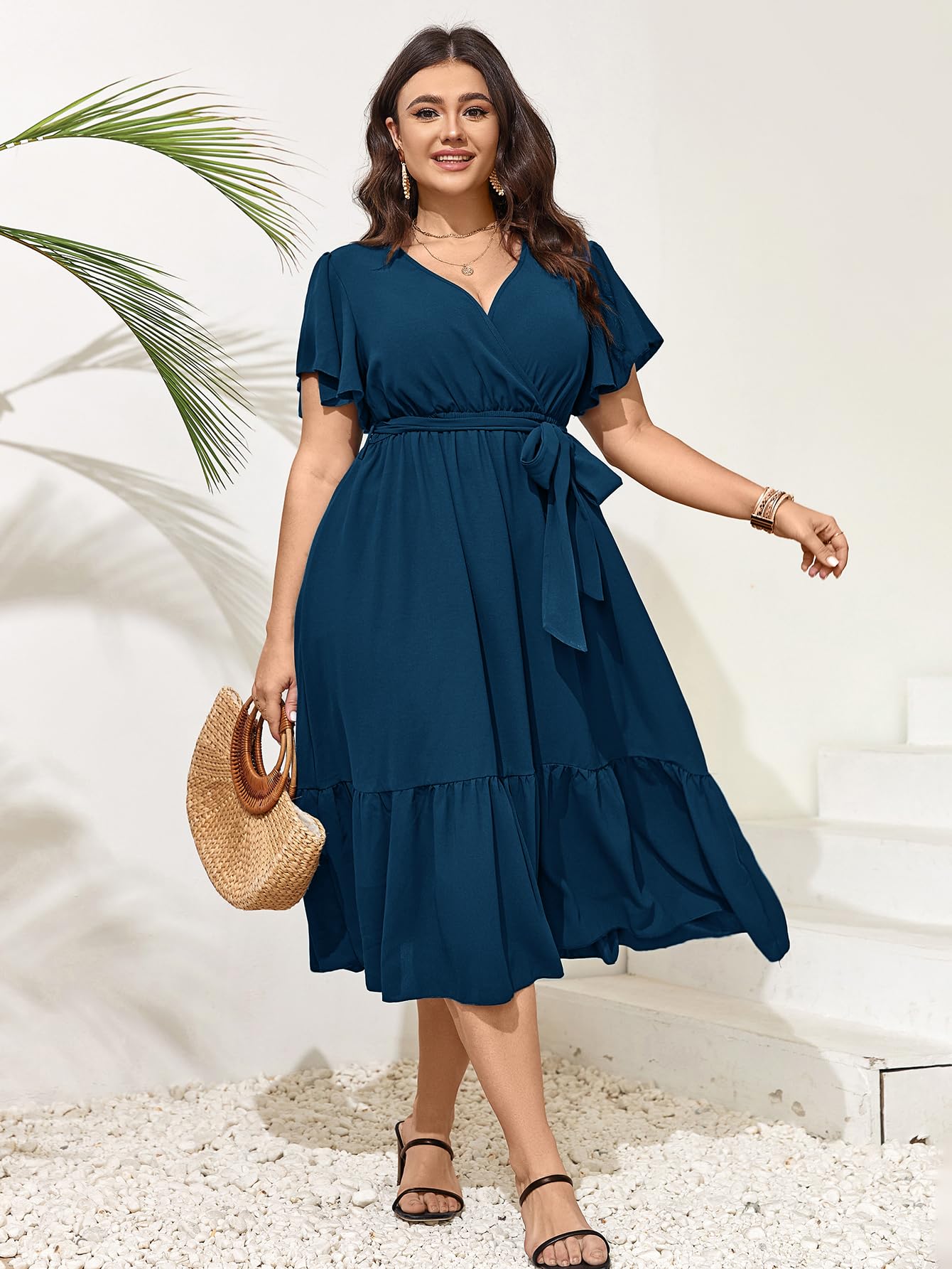 Plus Size Wedding Guest Dress for Women - Summer Wrap V-Neck Short Sleeve Belted Ruffle Hem A-Line Flowy Maxi Dress | Perfect for Weddings, Parties & Special Occasions
