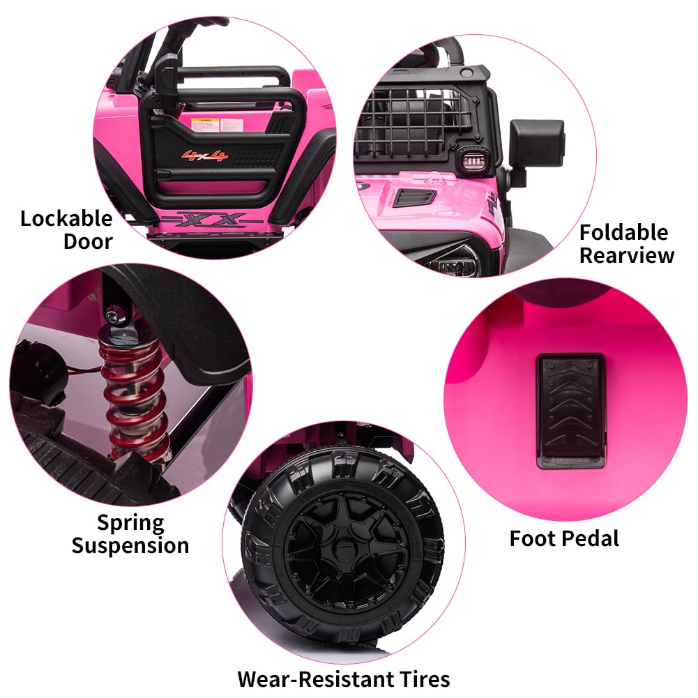 GARVEE 24V Electric Ride On Truck for Kids - 2 Seater Remote Control Car with LED Lights, Music & Horn | Large Storage Space & Cup Holder | Pink Toddler Toy Vehicle for Ages 3-8 | Perfect for Outdoor Play, Birthday Gifts & Family Fun