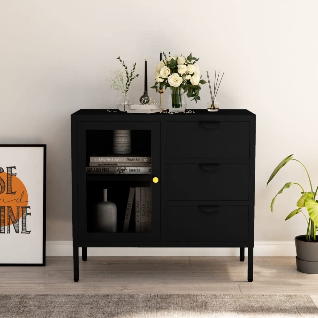 FAMIROSA Modern Black Steel Sideboard with 3 Drawers & Adjustable Shelf - 29.5