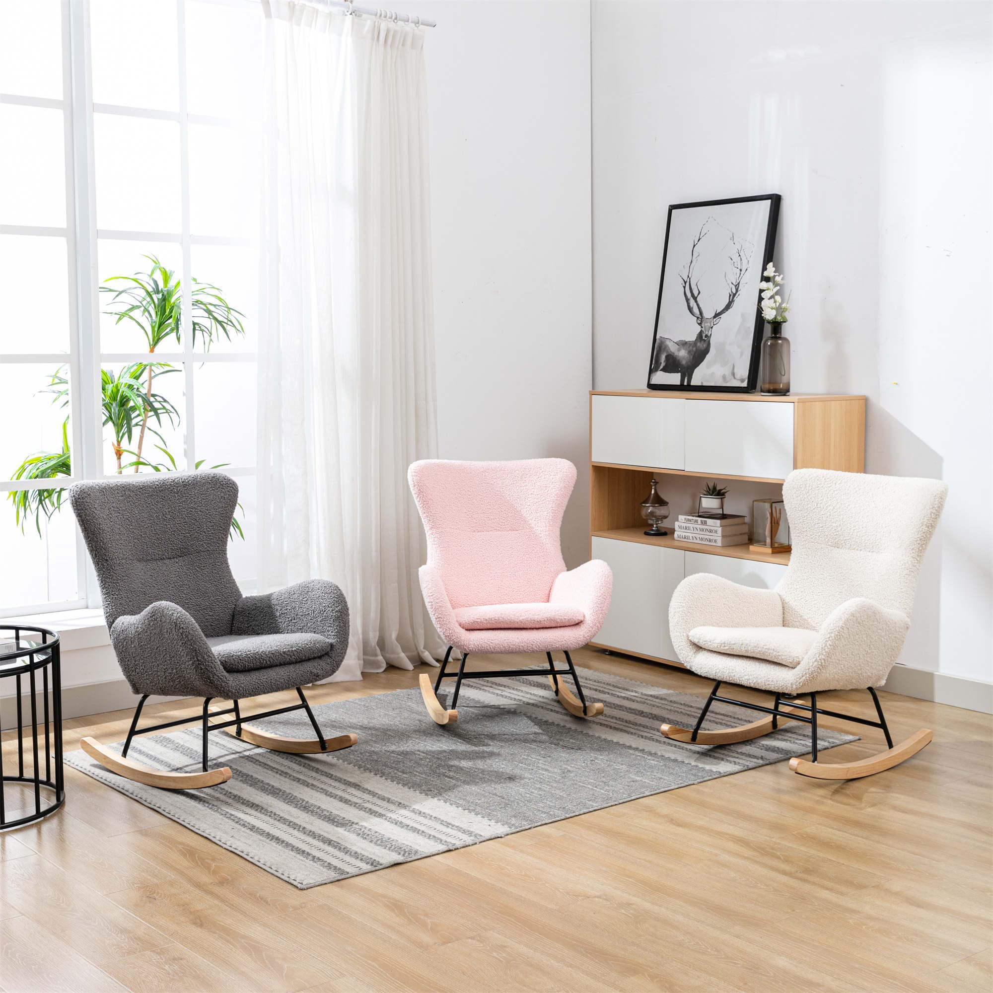 Comfy Beige Teddy Fabric Rocking Chair with High Backrest & Armrests - Padded Seat Living Room Armchair for Nursery, Bedroom & Playroom | Perfect for Relaxing, Nursing & Reading