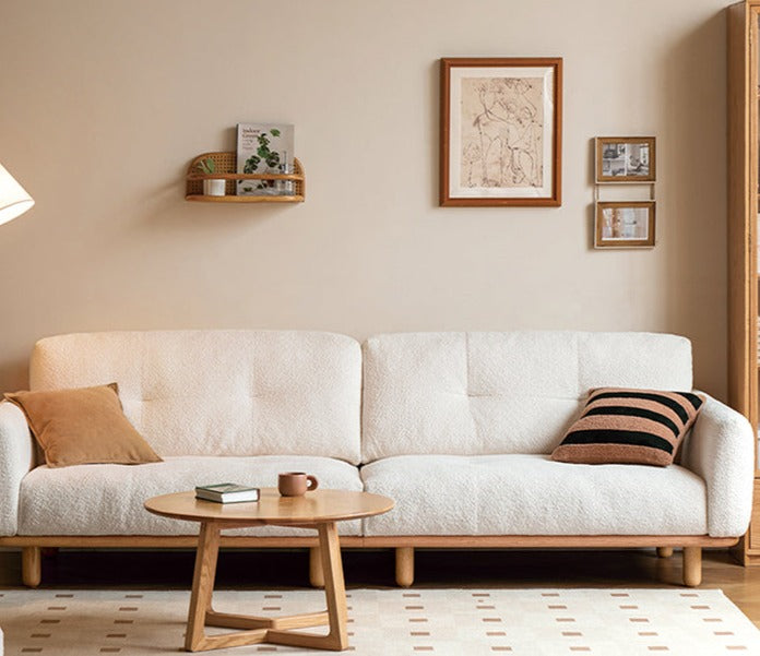 Oak Solid Wood Lamb Fleece Sofa - White Cream Modern Style | Cozy Living Room Furniture for Home Decor
