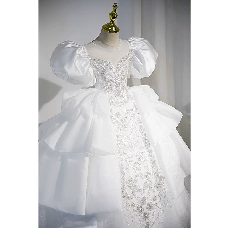 Elegant White Princess Round Floor Length Satin Flower Girl Dress for Weddings & Special Occasions