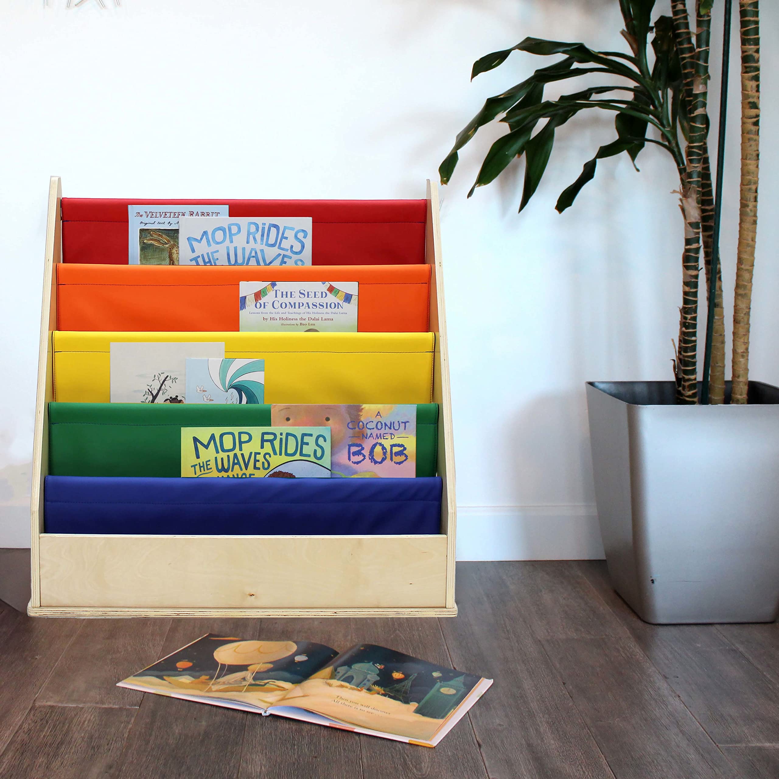 SoftScape 4-Shelf Vinyl Book Display for Kids - Birch Sling Bookcase for Bedroom, Playroom & Classroom - Durable Book Storage for Magazines, Storybooks & Learning Materials - Perfect for Daycare, Preschool & Home Organization