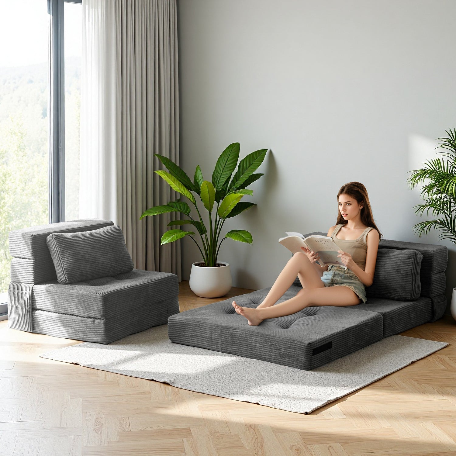 MAXYOYO 4-in-1 Convertible Sofa Bed Chair - Foldable Floor Couch for Small Spaces, Dark Grey - Perfect for Studio Apartments, Guest Rooms & Dorm Living