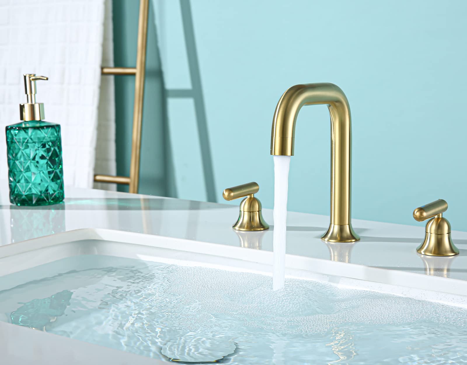 Brushed Gold Bathroom Faucet for Sink - 3 Hole Solid Brass Two Handle Vanity Faucet with Ceramic Disc Valves - Perfect for Modern Bathroom Renovation & Guest Powder Rooms