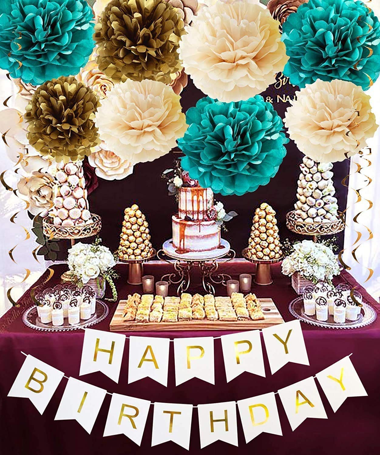 Elegant Teal & Gold Birthday Party Decorations for Women - Happy Birthday Banner, Tissue Pom Poms - Perfect for Women's Birthday, Bridal Shower & Girls Party Decor (Teal Champagne Gold)