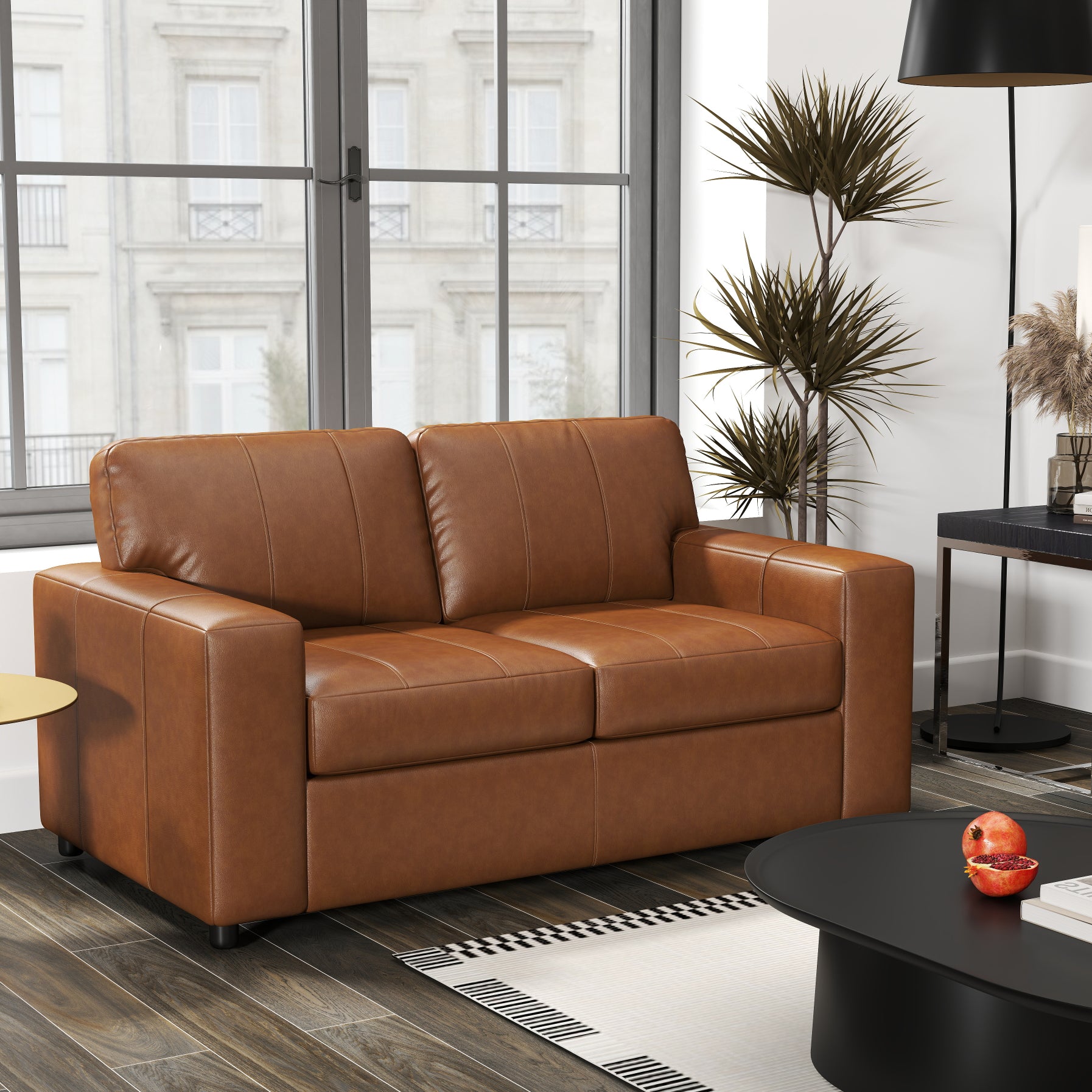 Roundhill Furniture Sakan Genuine Leather Upholstered Loveseat Sofa - Modern Two-Seater for Living Room, Lounge & Office