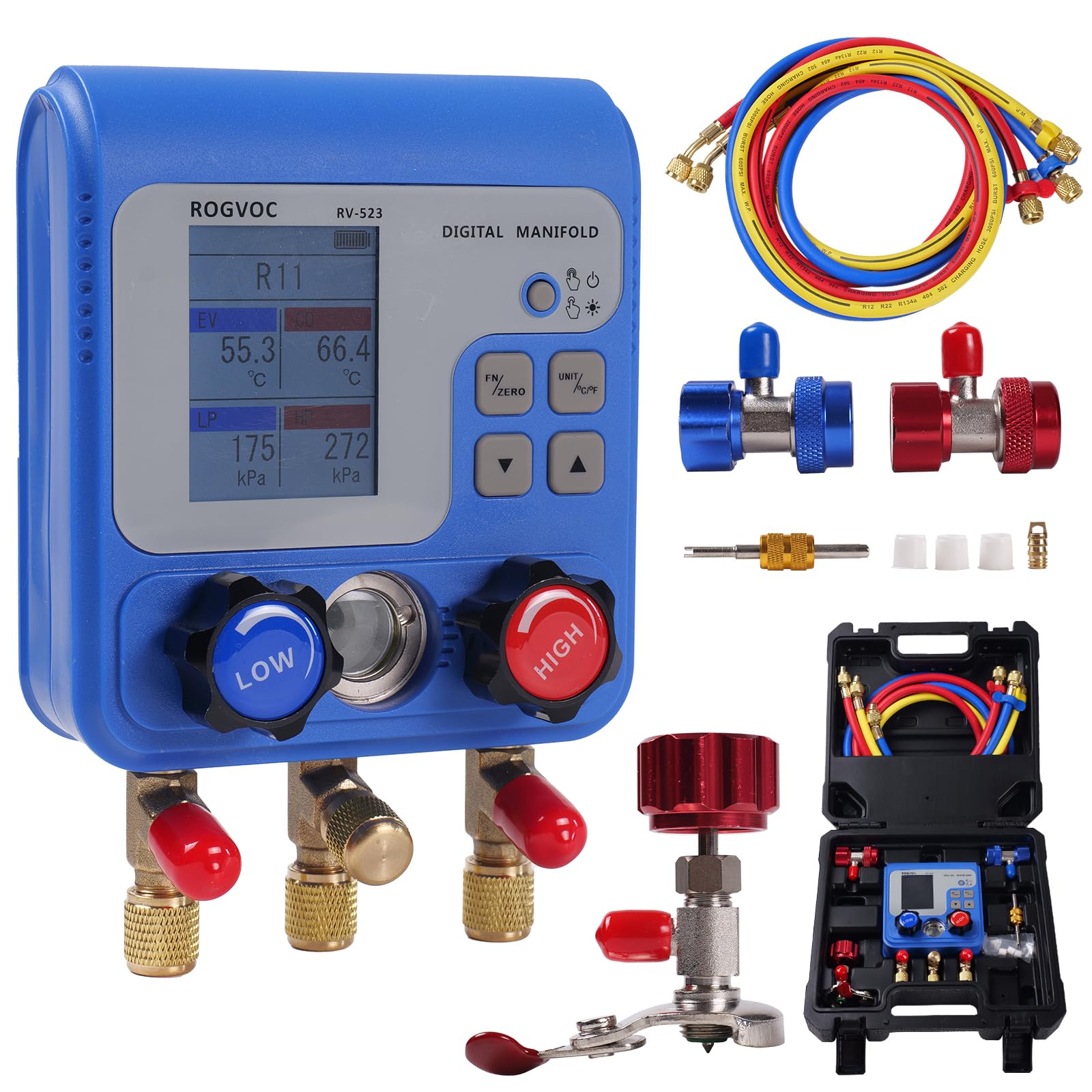 Professional Digital Manifold Gauge Set for HVAC Systems - R22/R410A/R134A Refrigerant AC Pressure & Leak Testing Kit with 3 Hoses | Perfect for HVAC Technicians, AC Maintenance & Refrigerant Recharging