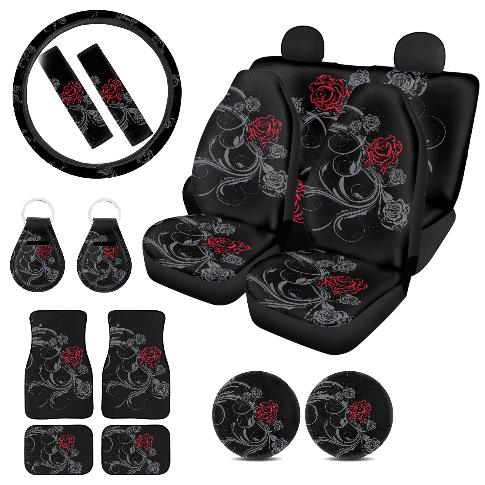 Ystardream Gothic Rose Car Seat Cover Set - 15PCS Waterproof Auto Accessories for Women (Includes Dark Floor Mats, Steering Wheel Cover, Cup Coasters, Key Chains & Seat Belt Pads) - Perfect for Vintage Style Car Interior & Road Trips