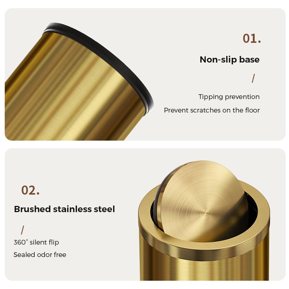 9 Liter/2.4 Gallon Small Gold Trash Can with Swing Lid - Brass Bathroom Waste Bin for Bedroom, Office, Living Room & Restaurant - Elegant Garbage Can for Home and Commercial Use